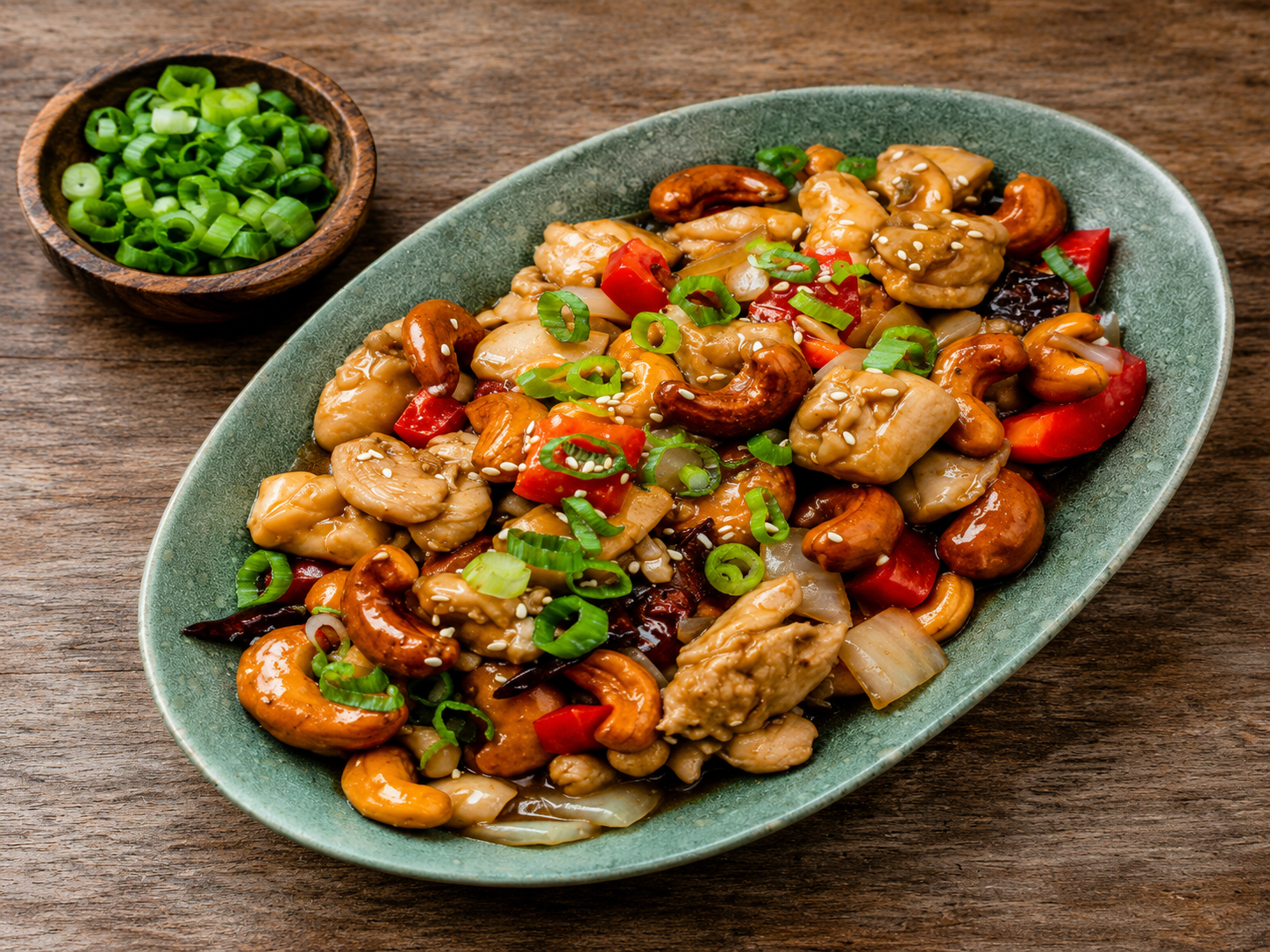 Cashew chicken with tender chicken pieces, roasted cashews and vegetables in a savory brown sauce