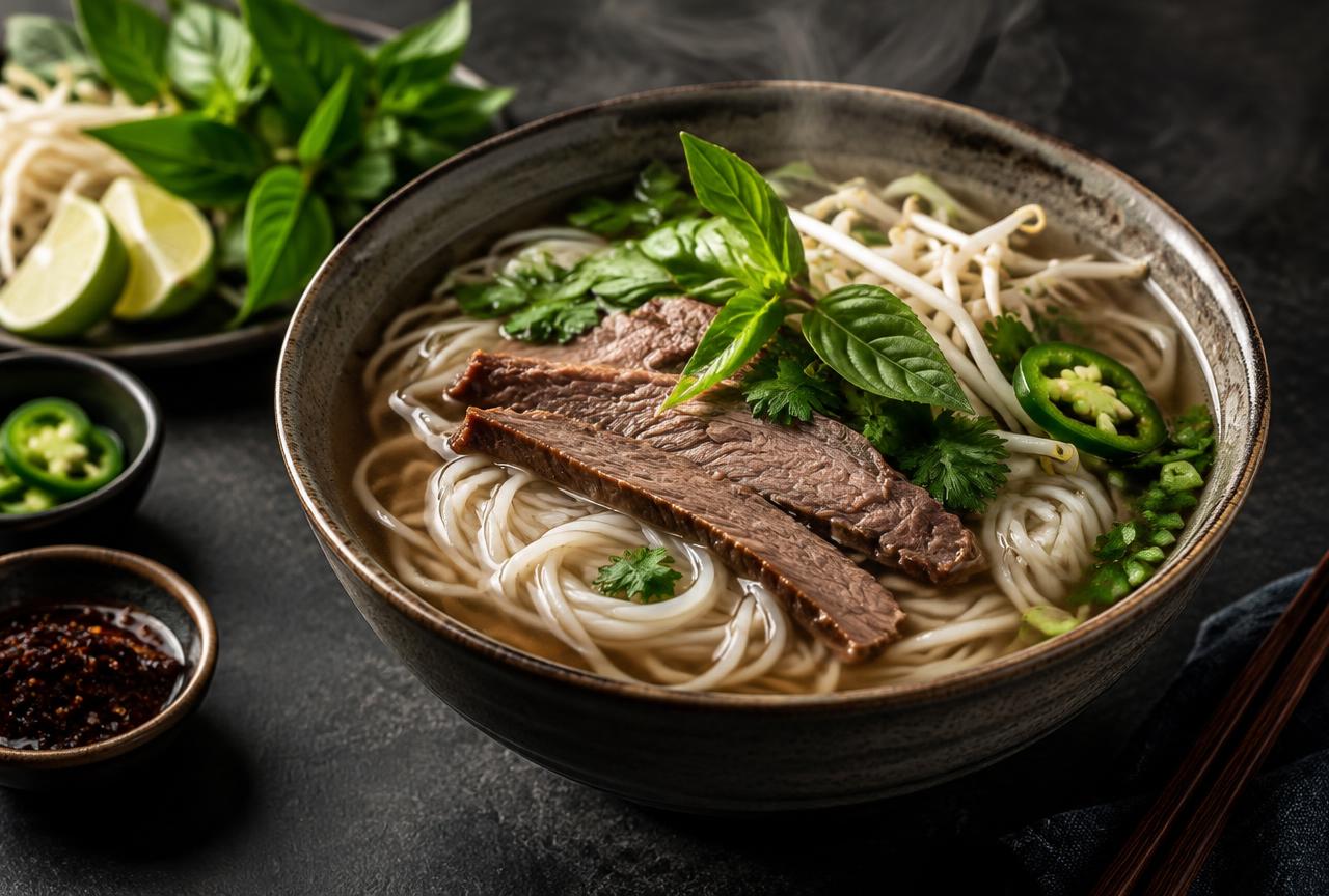 Bowl of Vietnamese brisket pho with clear beef broth, rice noodles, sliced brisket, scallions and cilantro, with bean sprouts, basil and lime on the side