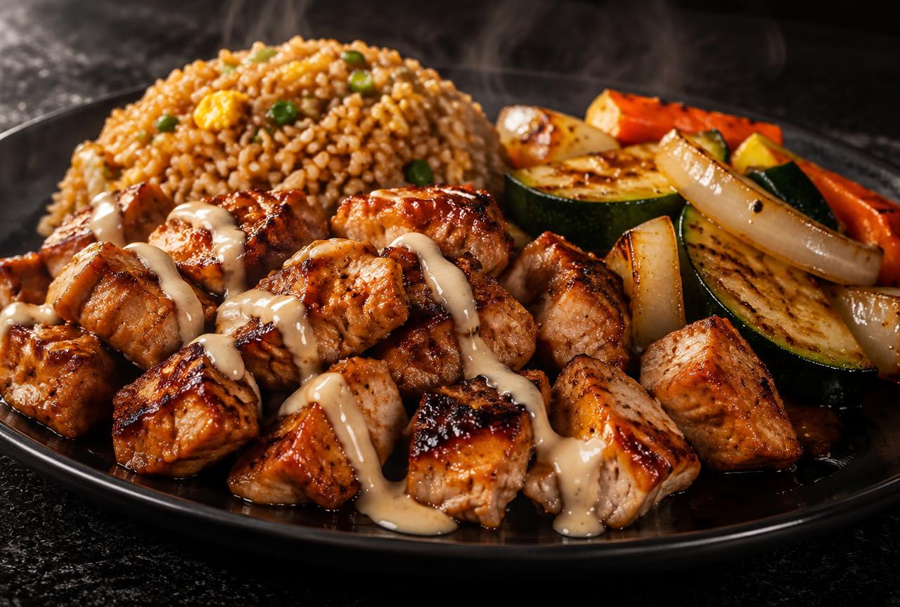 Chicken hibachi plate with grilled chicken pieces, hibachi fried rice and grilled zucchini, carrot and onion