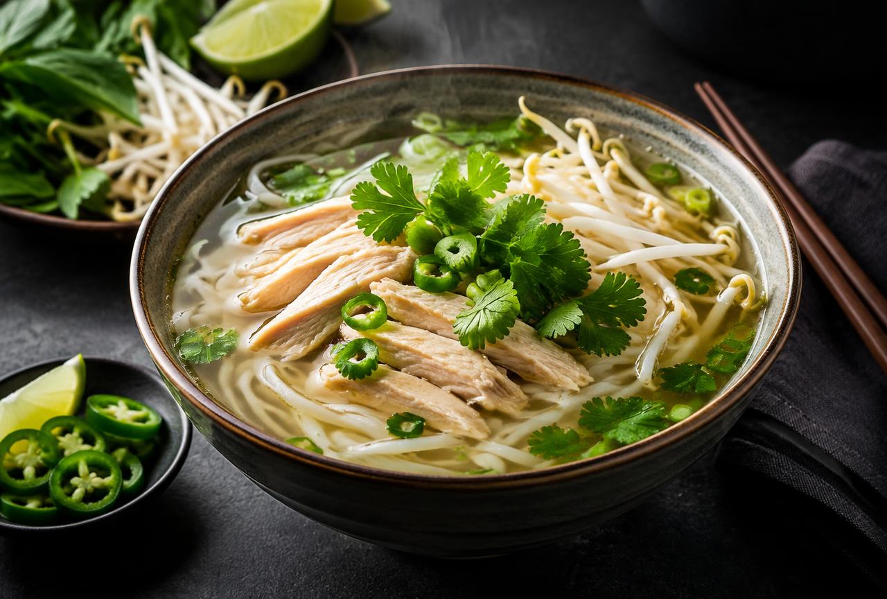 Bowl of Vietnamese chicken pho with golden broth, rice noodles, sliced chicken, onion, scallions and cilantro, with herbs and lime on the side