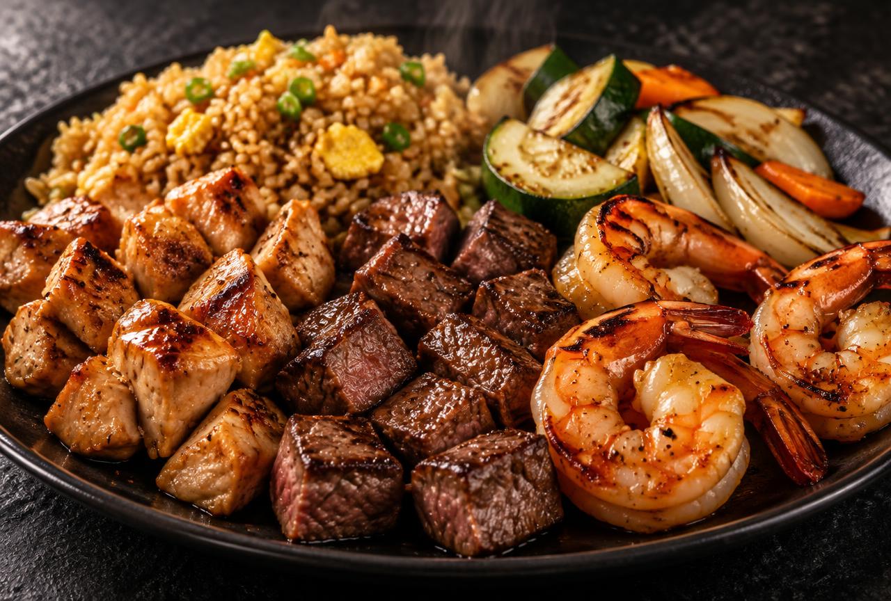 Combo hibachi plate with grilled chicken, steak and shrimp plus hibachi fried rice and grilled vegetables