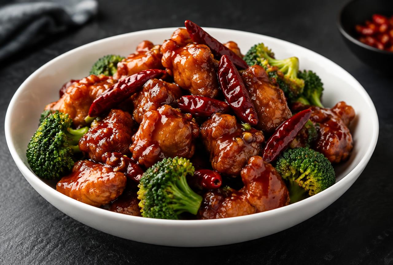 General chicken with crispy chicken chunks in a glossy dark red-brown sauce with dried chilies and broccoli