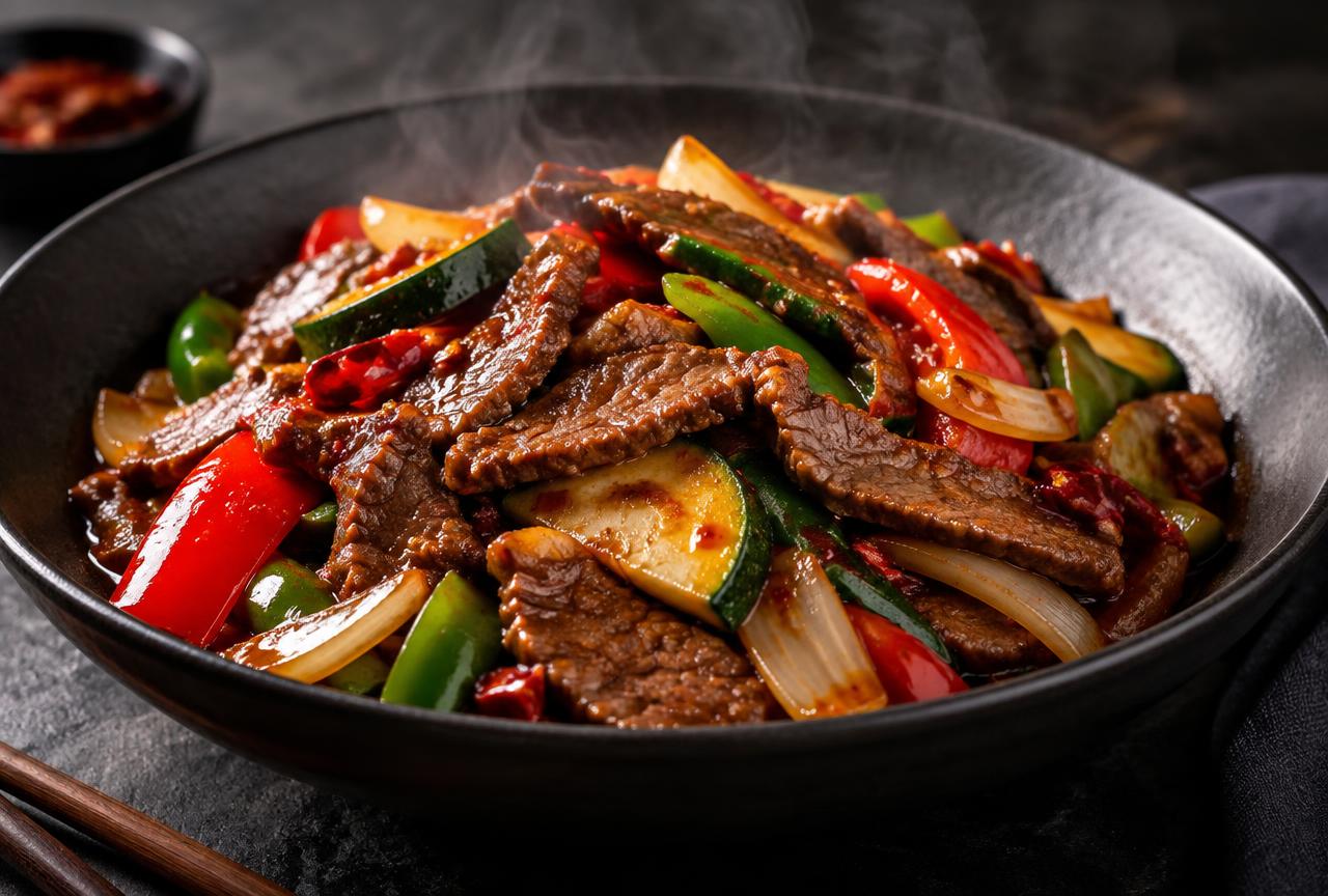 Hunan beef with sliced beef, broccoli, red bell pepper, onion and dried chilies in a savory brown sauce