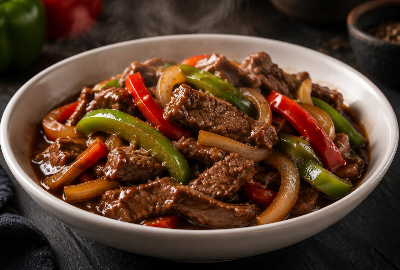 Pepper steak stir-fry with sliced beef, green peppers, onions and carrots on a white plate