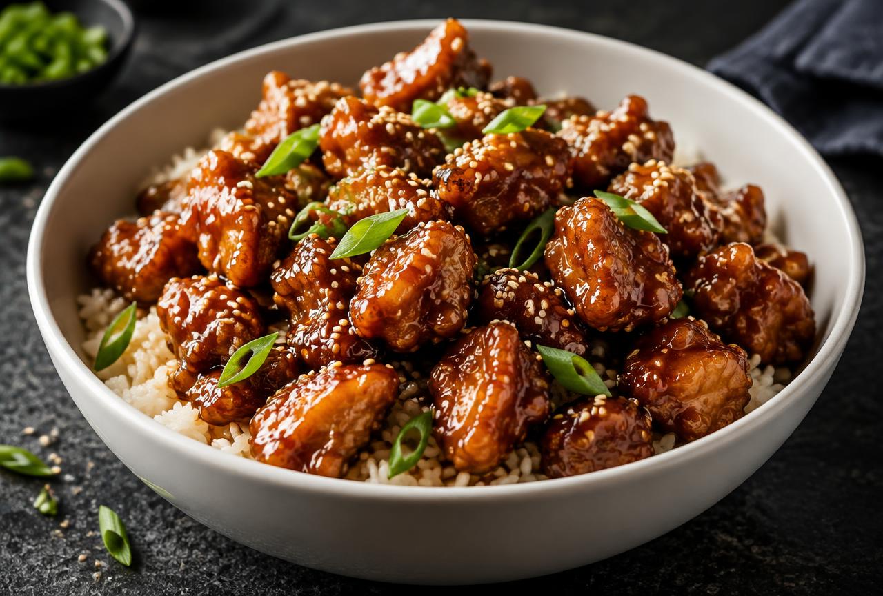 Sesame chicken with crispy chicken in a dark glossy sesame glaze, toasted sesame seeds and scallions
