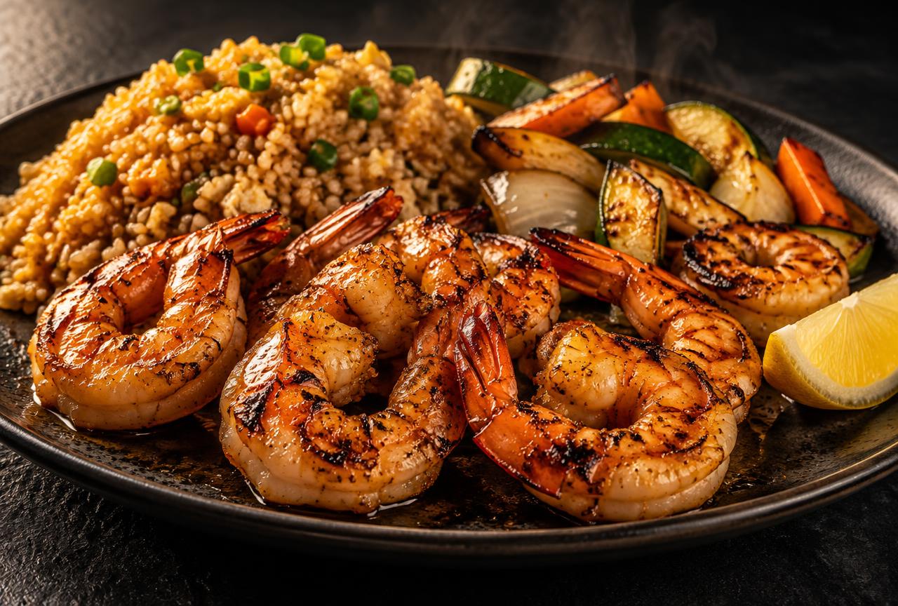 Shrimp hibachi plate with grilled shrimp, hibachi fried rice and grilled zucchini, carrot and onion