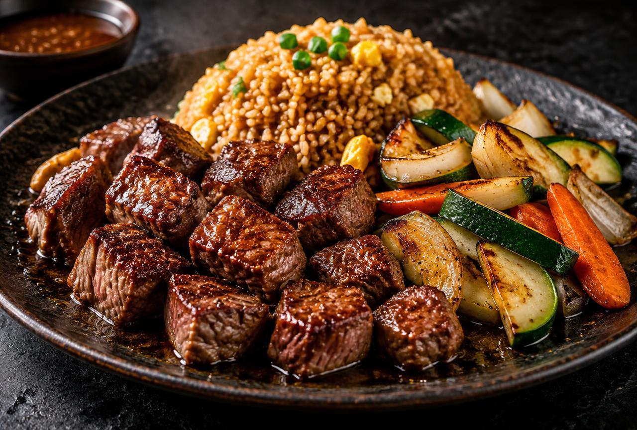 Steak hibachi plate with seared steak cubes, hibachi fried rice and grilled zucchini, carrot and onion