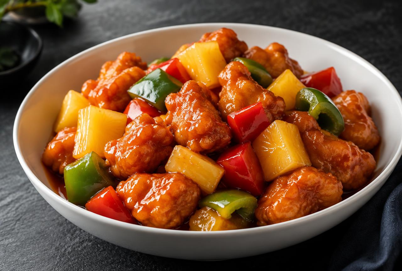 Sweet and sour chicken with crispy chicken, bell peppers, onion and pineapple in a glossy red-orange sauce