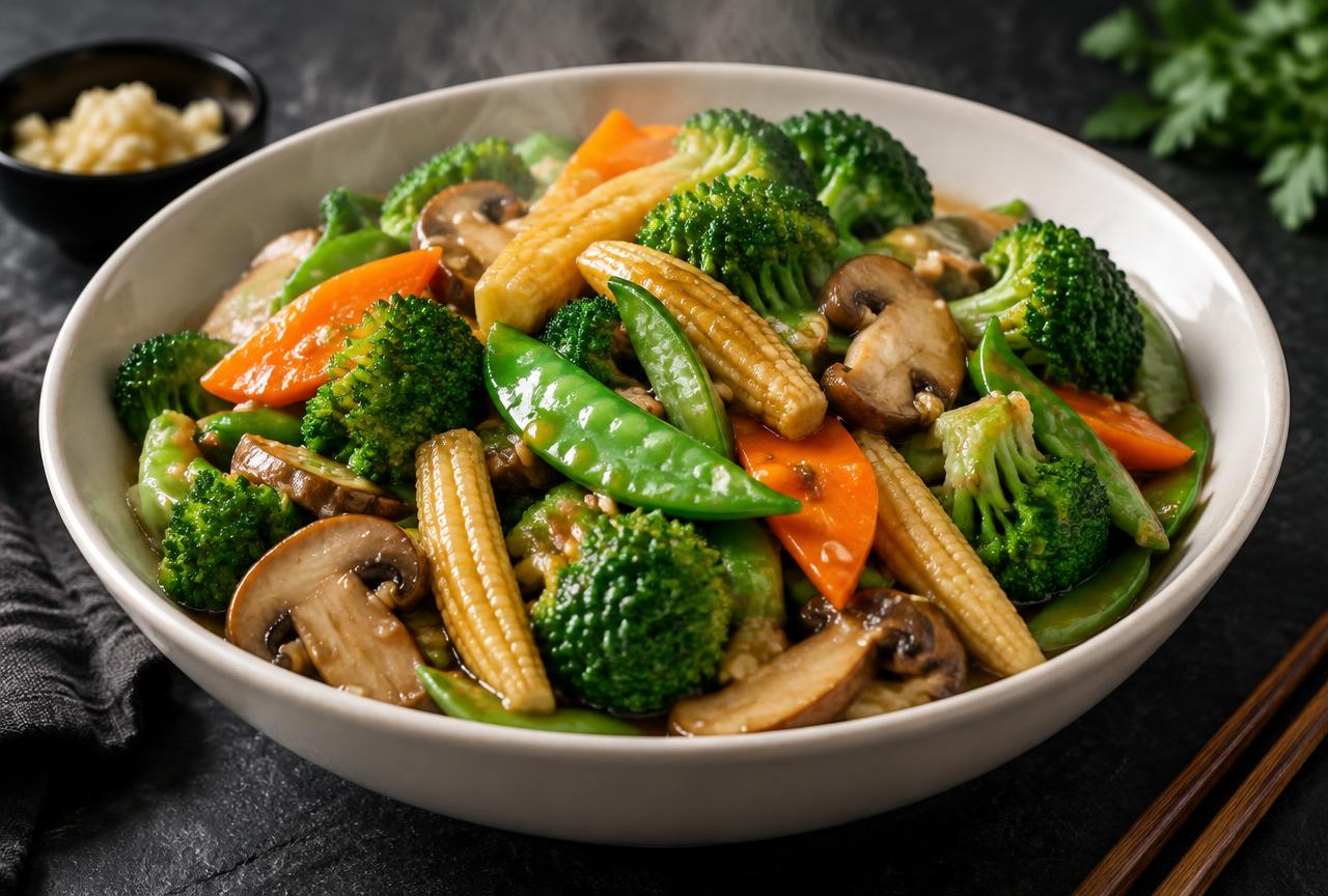 Vegetable stir fry with broccoli, snap peas, carrots, bell peppers, mushrooms and zucchini in a light glossy sauce