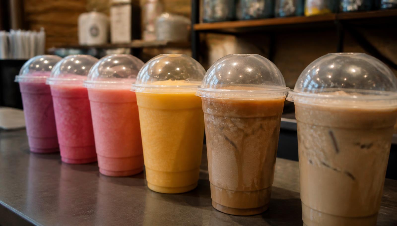 Row of blended fruit drinks and iced coffees in clear to-go cups lined up on a counter