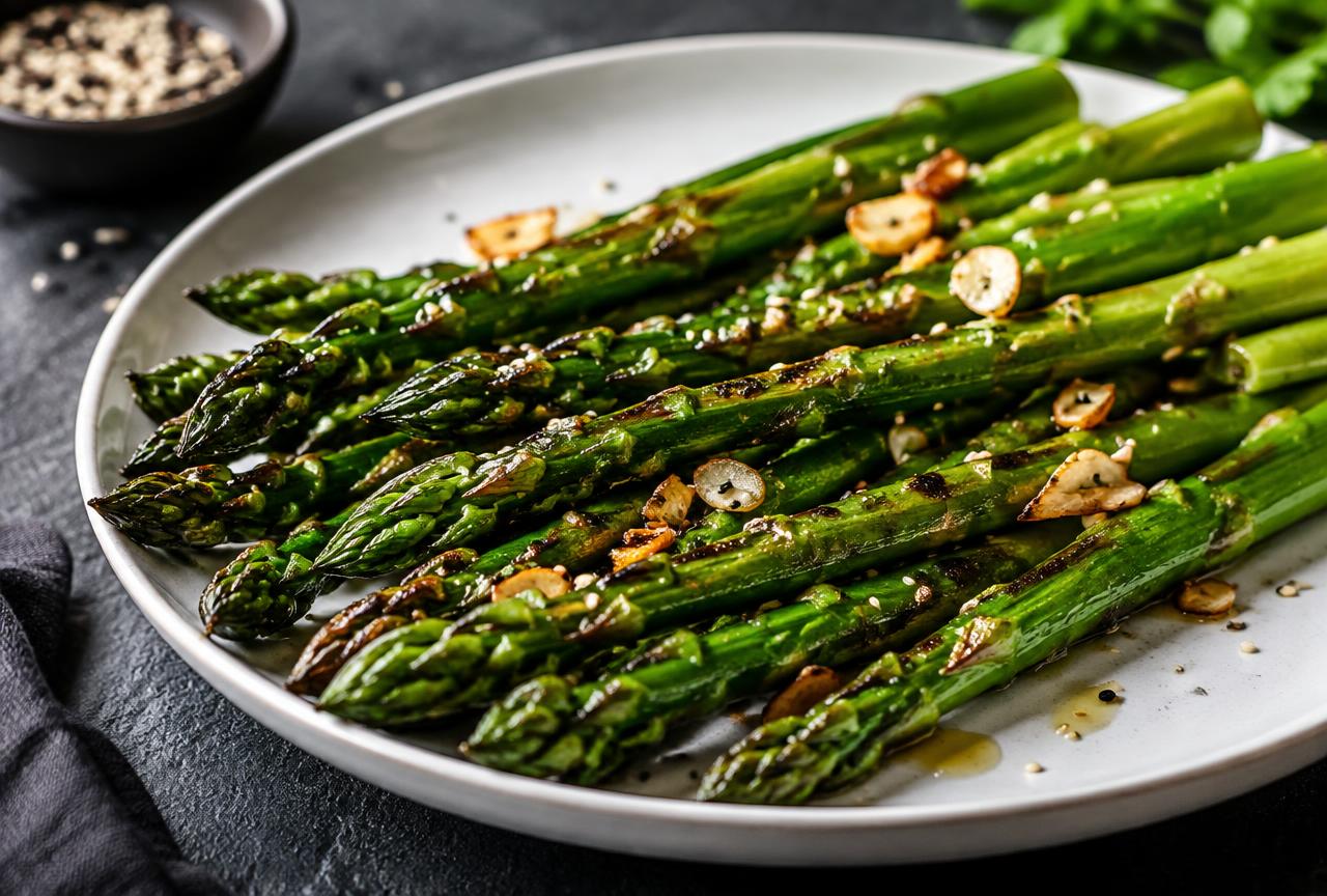 Grilled asparagus spears with sesame seeds in a black bowl