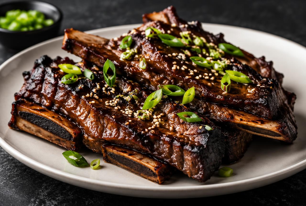 Glazed bone-in beef short ribs with charred edges, sticky dark barbecue glaze, sesame seeds and scallions on a white plate