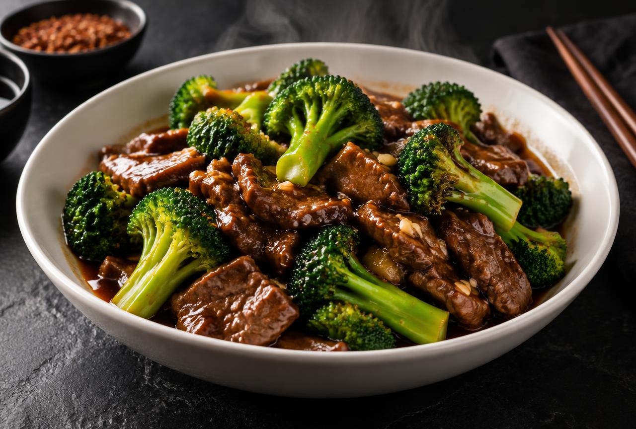 Beef and broccoli in a savory brown sauce, steam rising from a white bowl