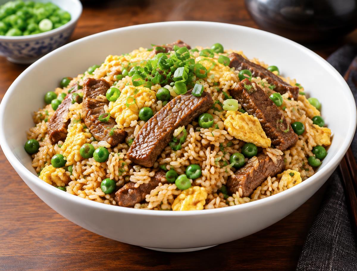 Beef fried rice with sliced beef, egg, peas and scallions in a white bowl