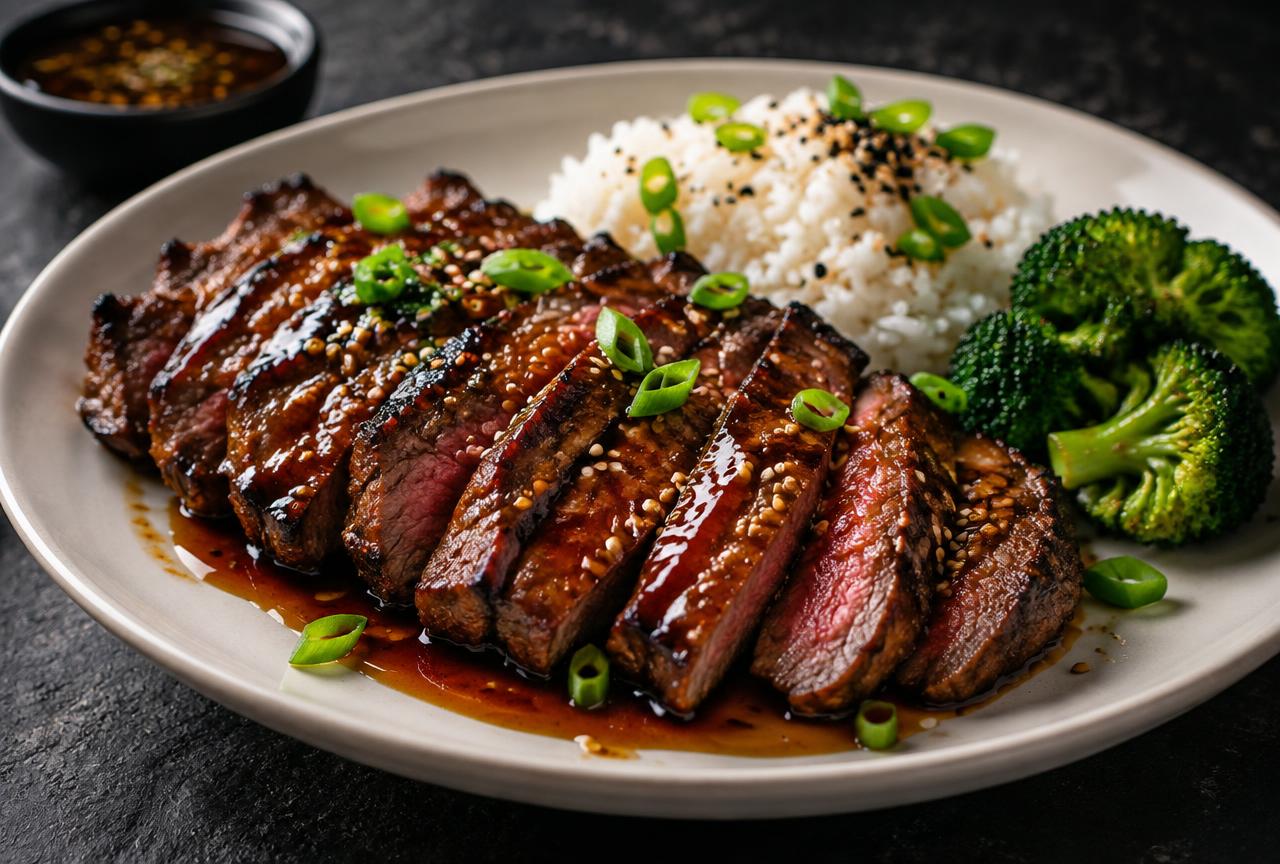 Glossy grilled steak teriyaki strips on wooden skewers with a dark caramelized glaze, sesame seeds and sliced scallions on a white plate