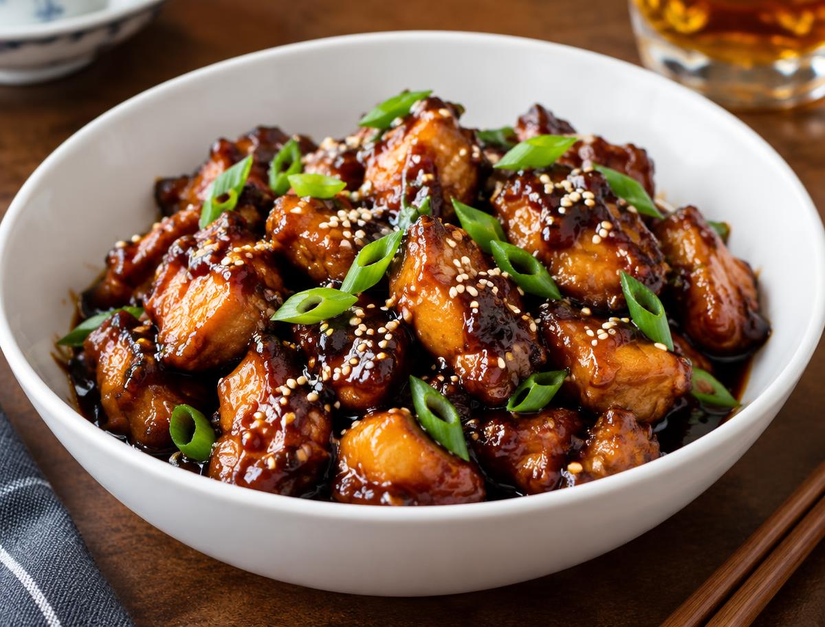Bourbon chicken with caramelized glazed chicken chunks, scallions and sesame seeds