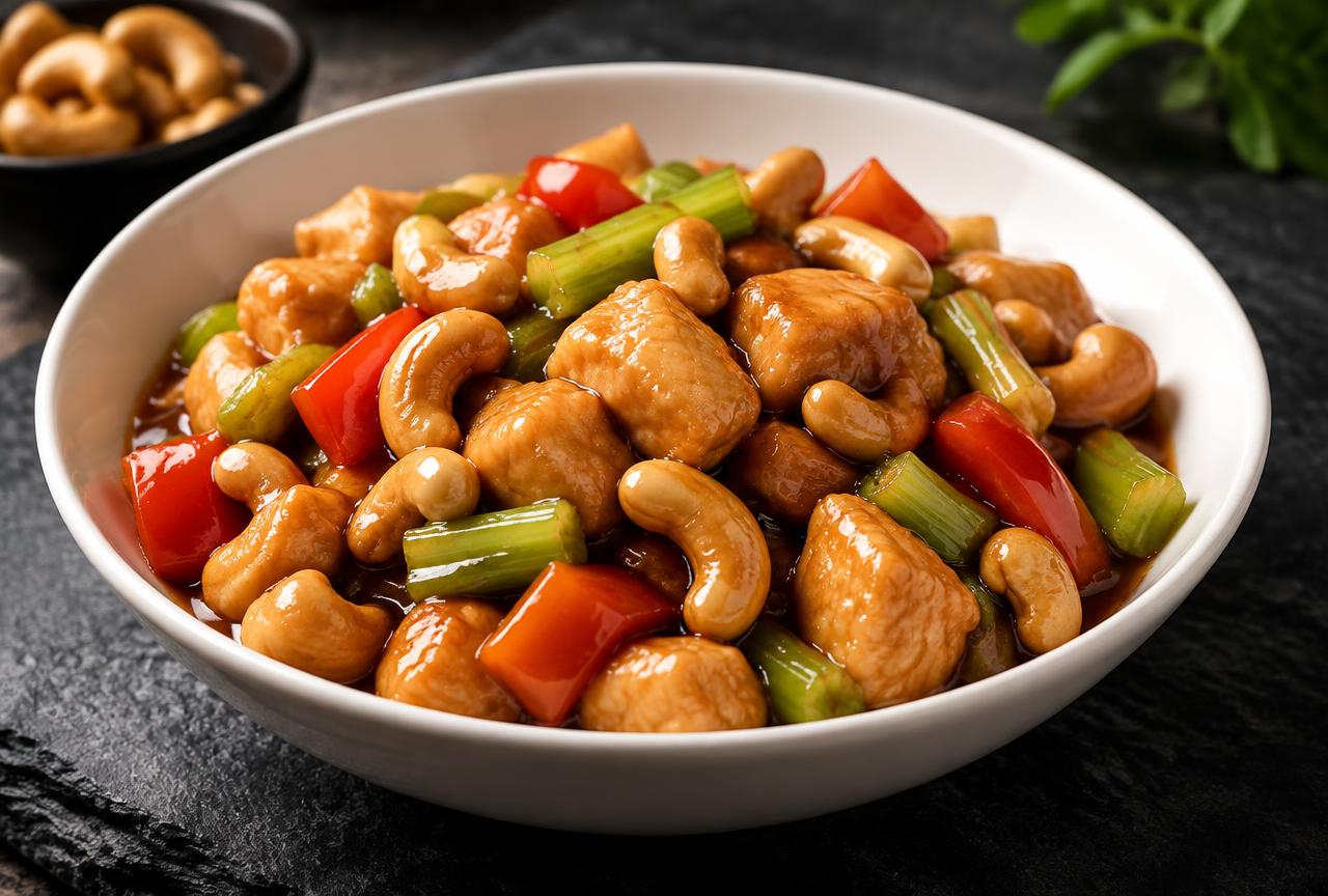 Cashew chicken with tender chicken pieces, roasted cashews and vegetables in a savory brown sauce