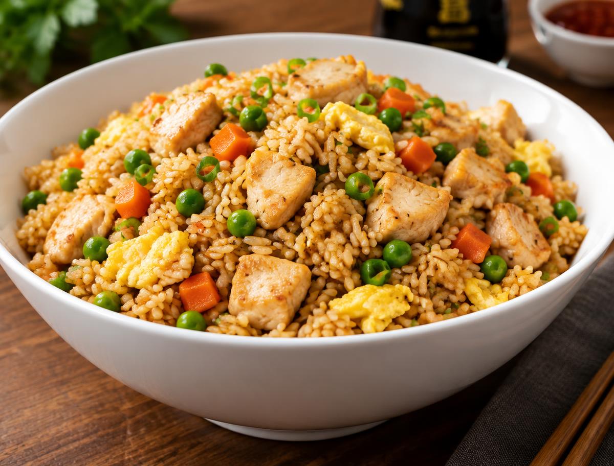 Chicken fried rice with diced chicken, egg, peas and carrots in a white bowl
