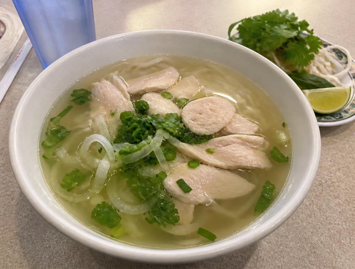 Bowl of Vietnamese chicken pho with golden broth, rice noodles, sliced chicken, onion, scallions and cilantro, with herbs and lime on the side