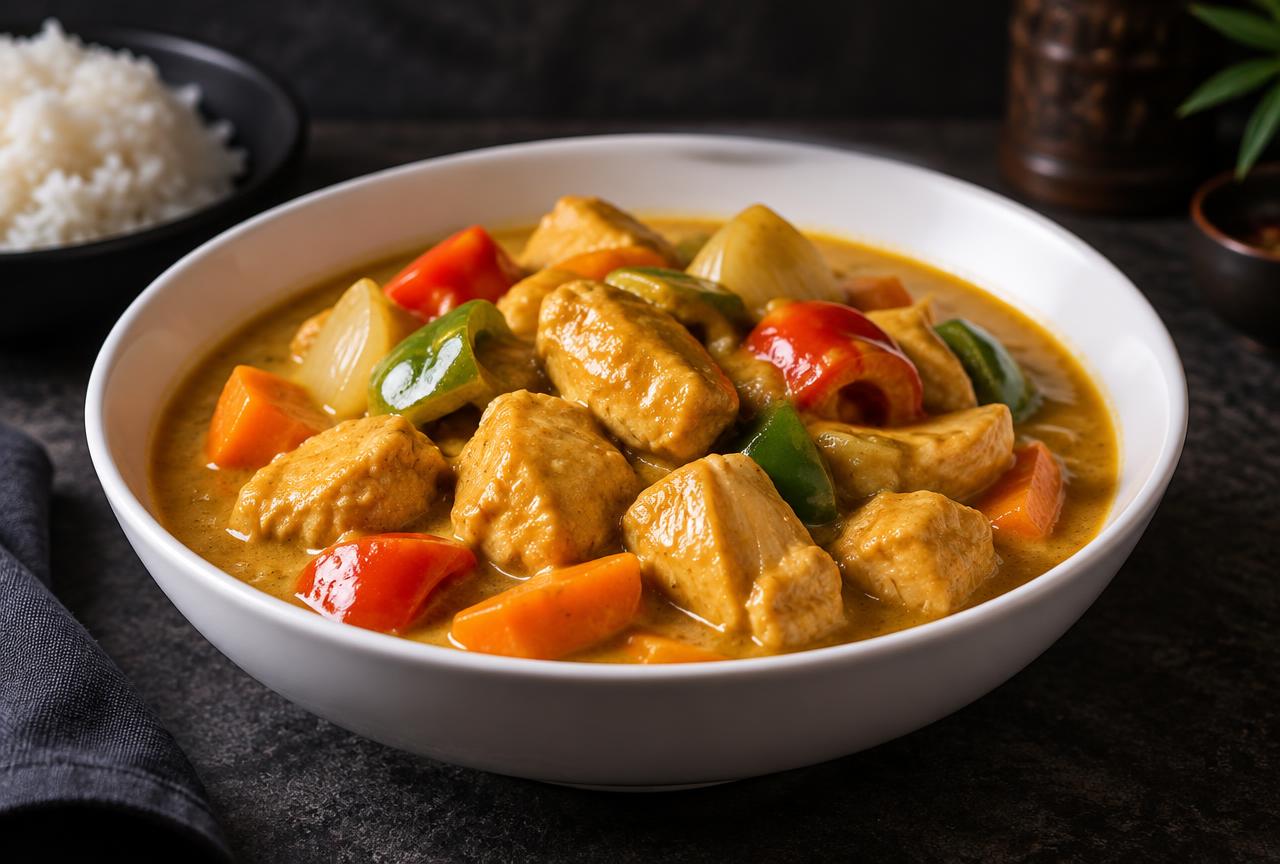 Chinese chicken curry with tender chicken, peppers and carrots in golden curry sauce