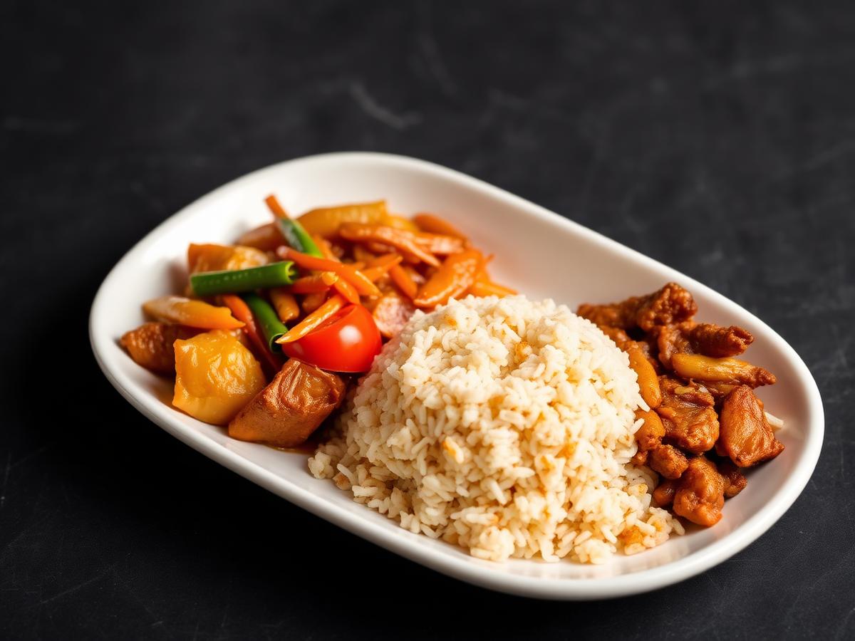Combination plate with two entrées served alongside fried rice on a white platter