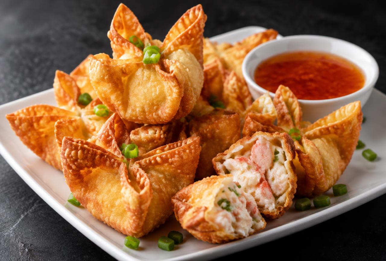 Crisp folded crab rangoon wontons served with dipping sauce