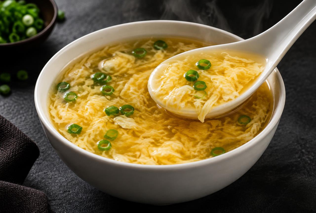 Bowl of egg drop soup with silky golden broth, egg ribbons and sliced green onions