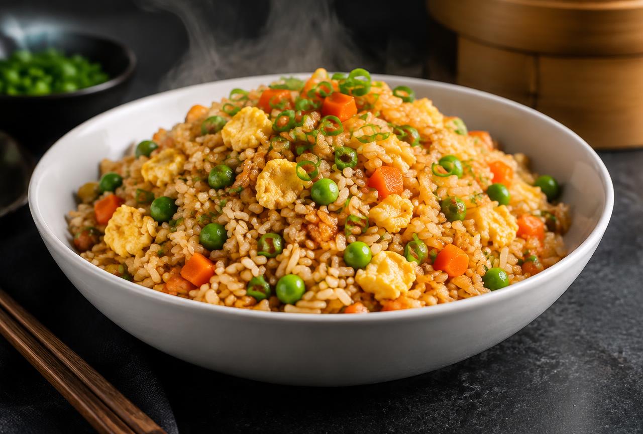 Golden fried rice with egg, peas, carrots and scallions in a white bowl