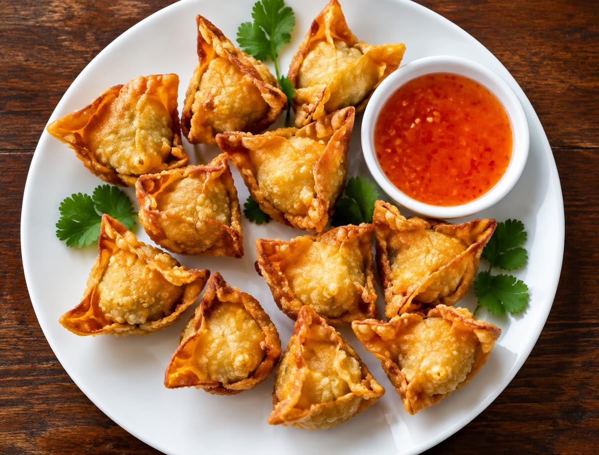 Ten crispy golden fried wontons on a white plate with sweet chili dipping sauce