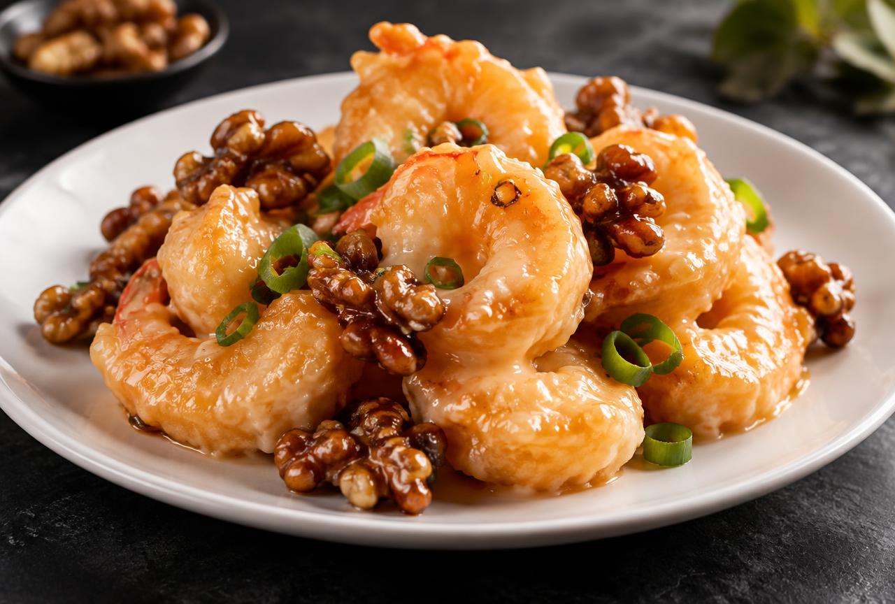 Honey walnut shrimp in a creamy honey glaze with candied walnuts and scallions in a white bowl