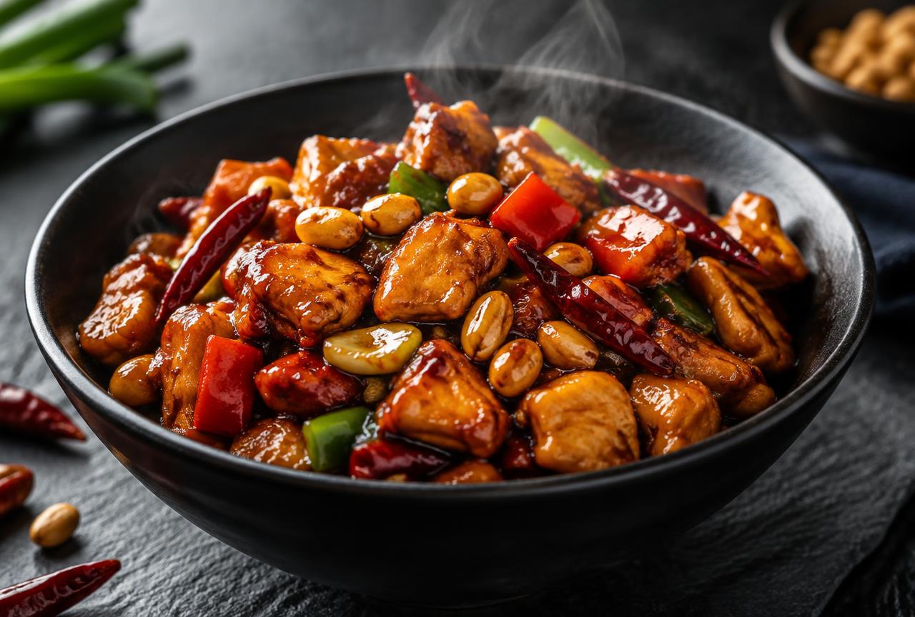 Kung Pao chicken with peanuts, dried red chilies, bell peppers and scallions in a white bowl