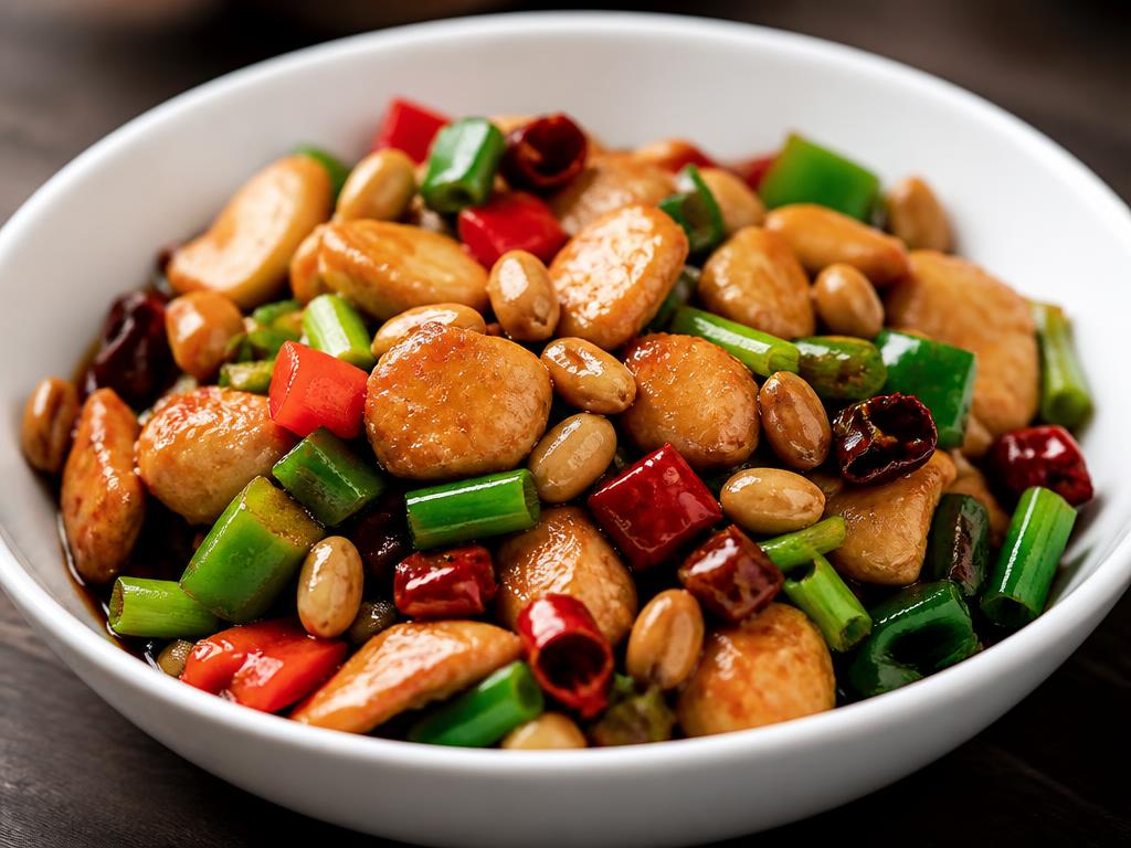 Kung Pao chicken with peanuts, dried red chilies, bell peppers and scallions in a white bowl
