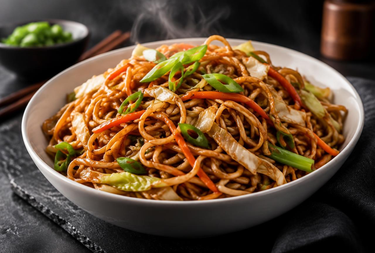 Lo mein noodles with vegetables being lifted from a bowl with chopsticks