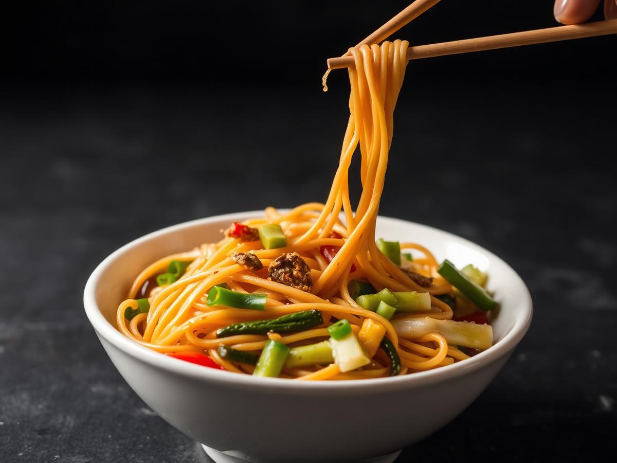 Lo mein noodles with vegetables being lifted from a bowl with chopsticks