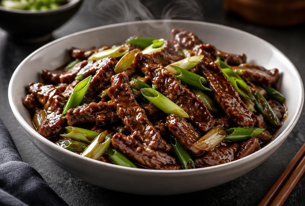 Mongolian beef with tender sliced steak, onions and green onions in a glossy dark savory glaze in a white bowl