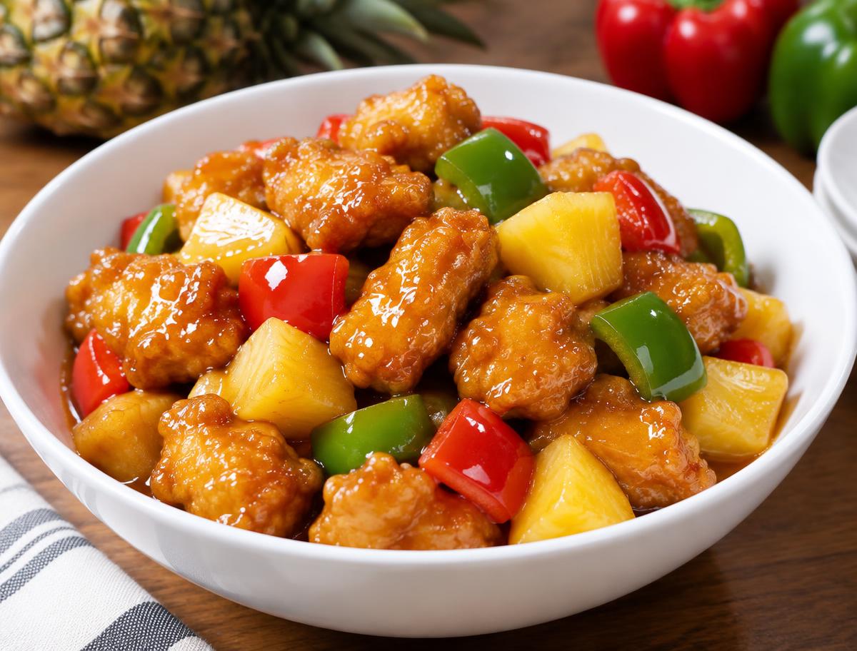 Pineapple chicken with crispy chicken, pineapple chunks and bell peppers in a glossy sweet sauce