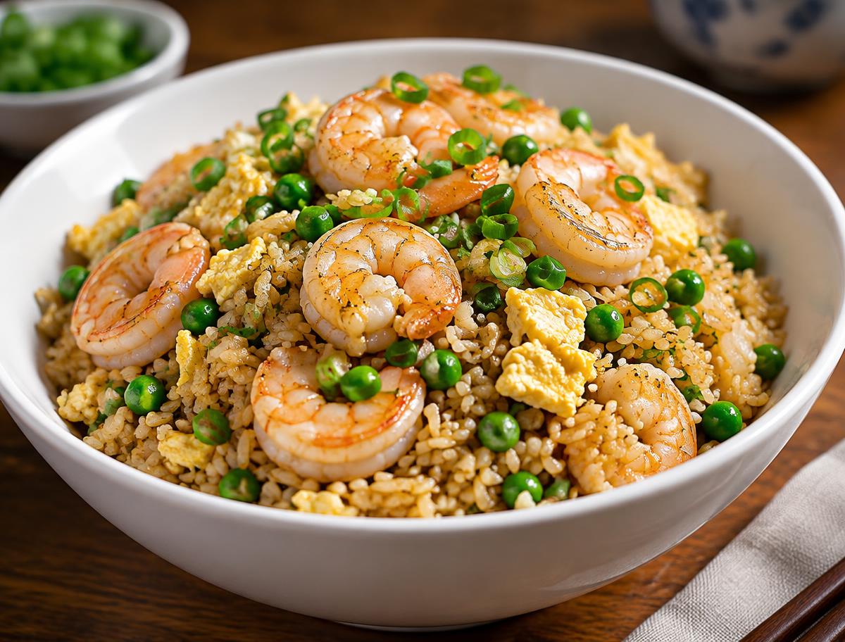 Shrimp fried rice with plump shrimp, egg, peas and scallions in a white bowl