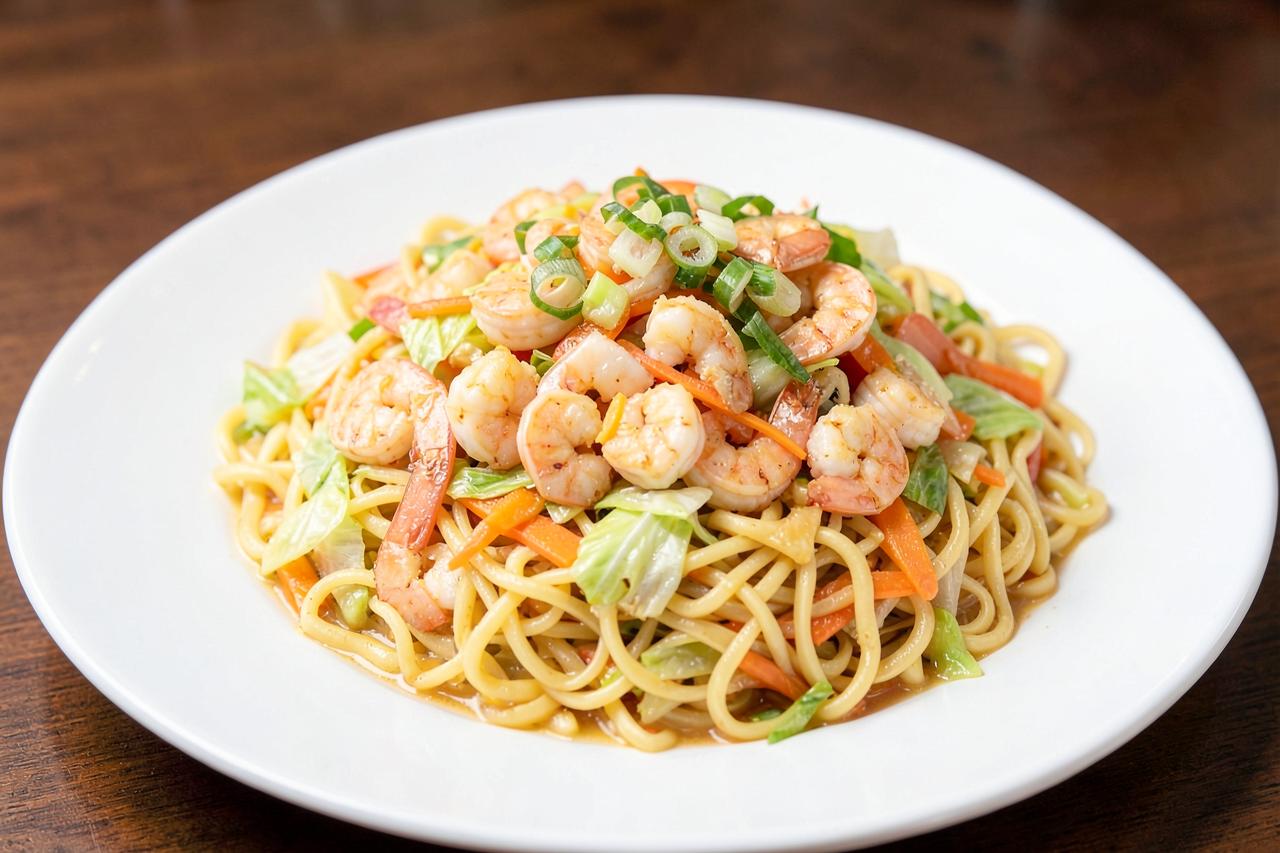 Shrimp lo mein noodles tossed with shrimp, carrots and cabbage