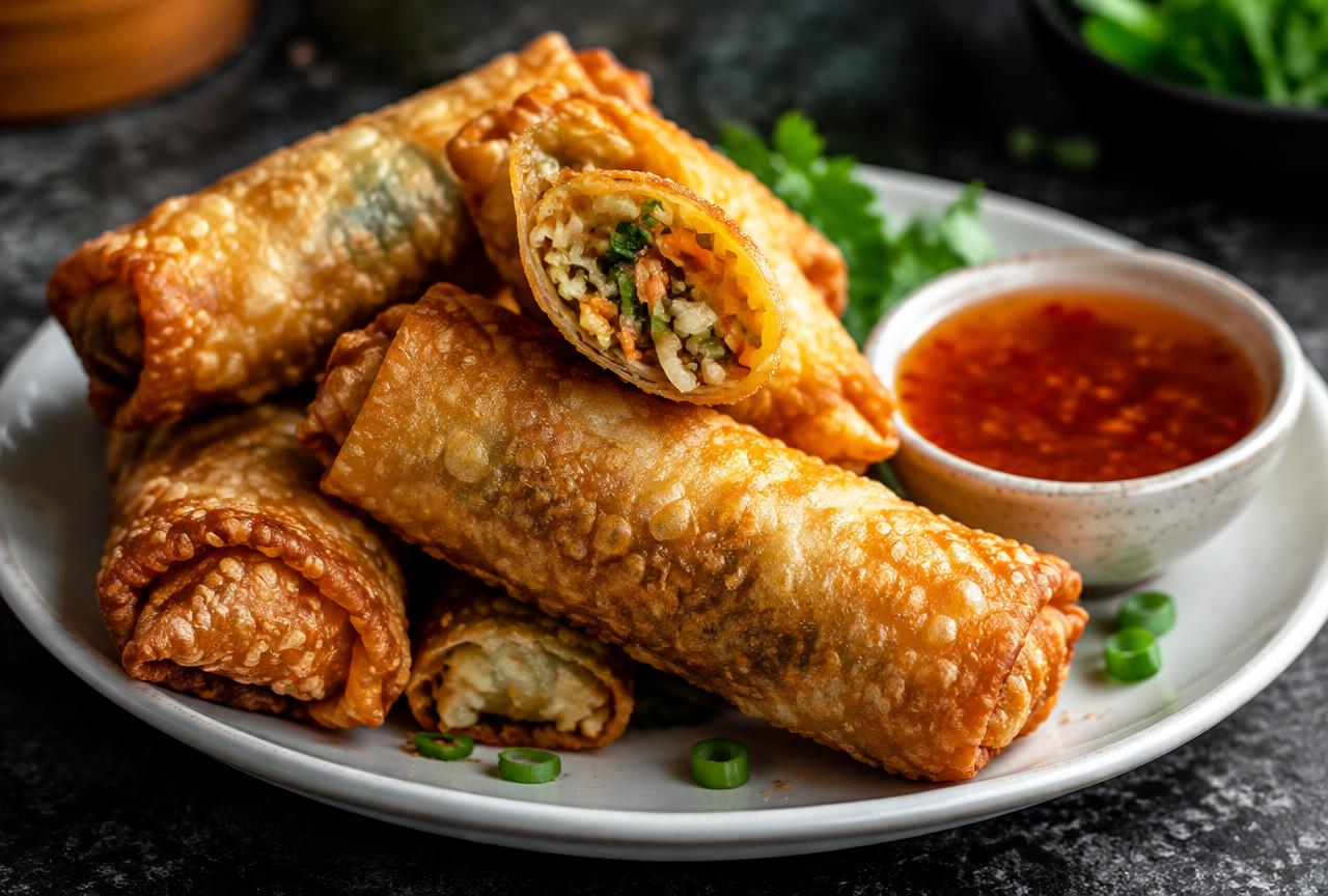 Crispy golden spring rolls served with sweet chili dipping sauce