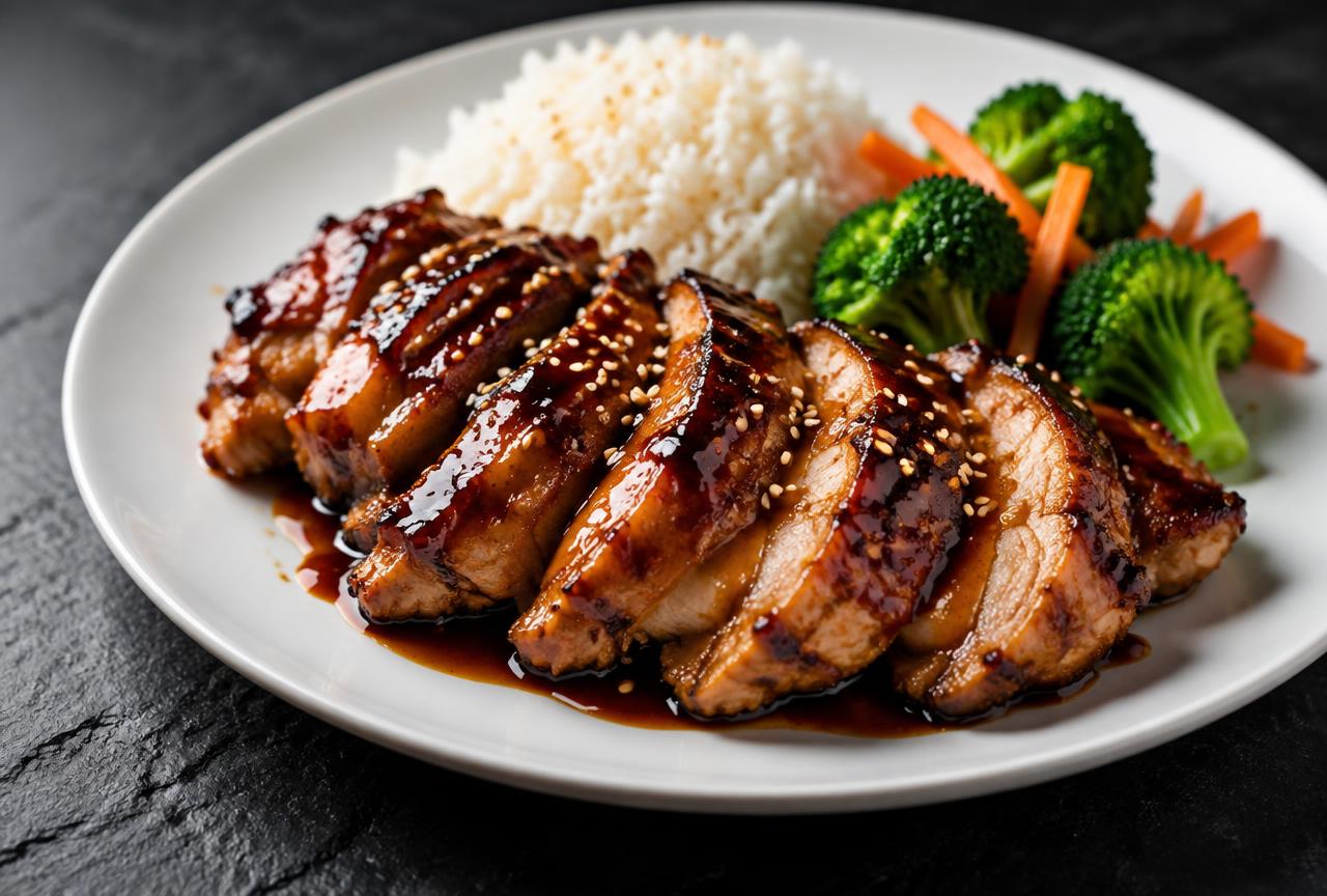 Sliced grilled teriyaki chicken with grill marks, glossy glaze, sesame seeds and scallions on a white plate
