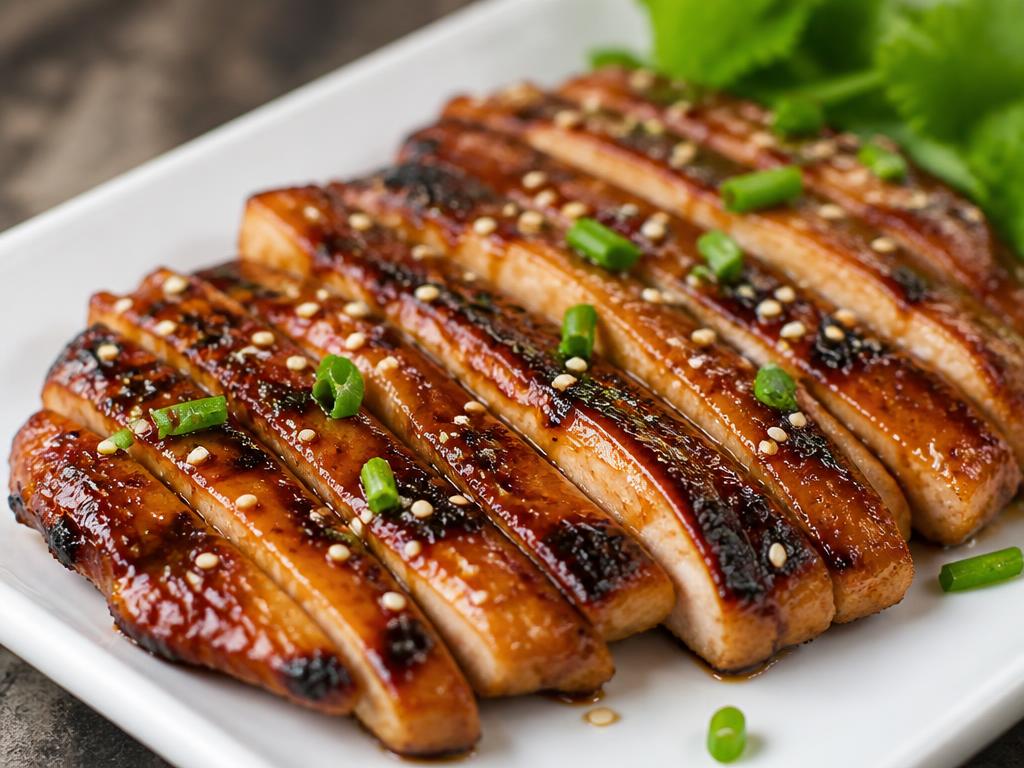 Sliced grilled teriyaki chicken with grill marks, glossy glaze, sesame seeds and scallions on a white plate