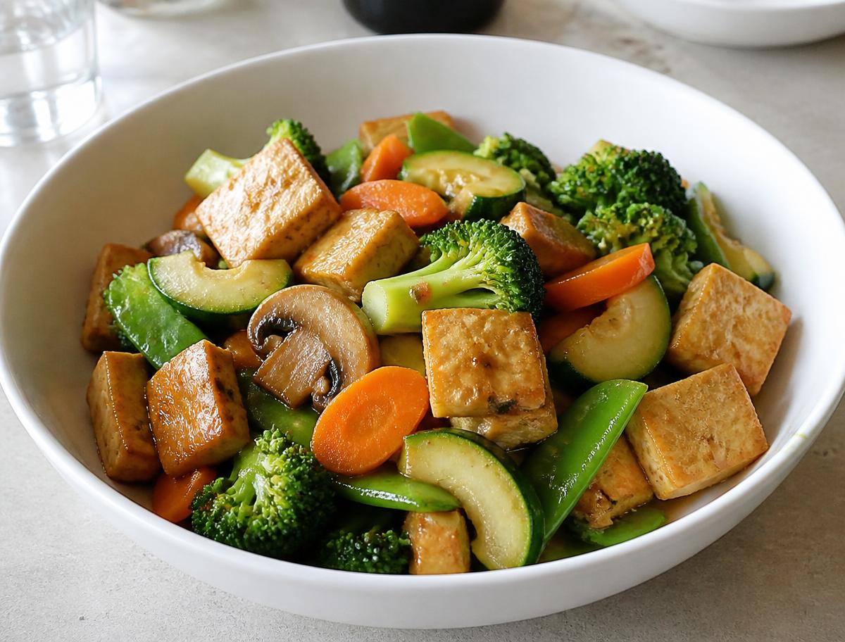 Golden pan-seared tofu cubes stir-fried with broccoli, carrots, snap peas, mushrooms and zucchini in a white bowl