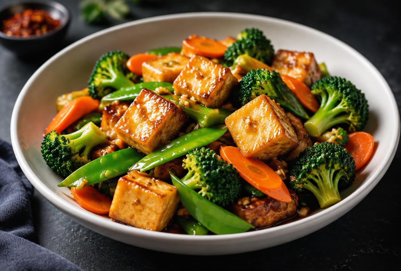 Golden pan-seared tofu cubes stir-fried with broccoli, carrots, snap peas, mushrooms and zucchini in a white bowl
