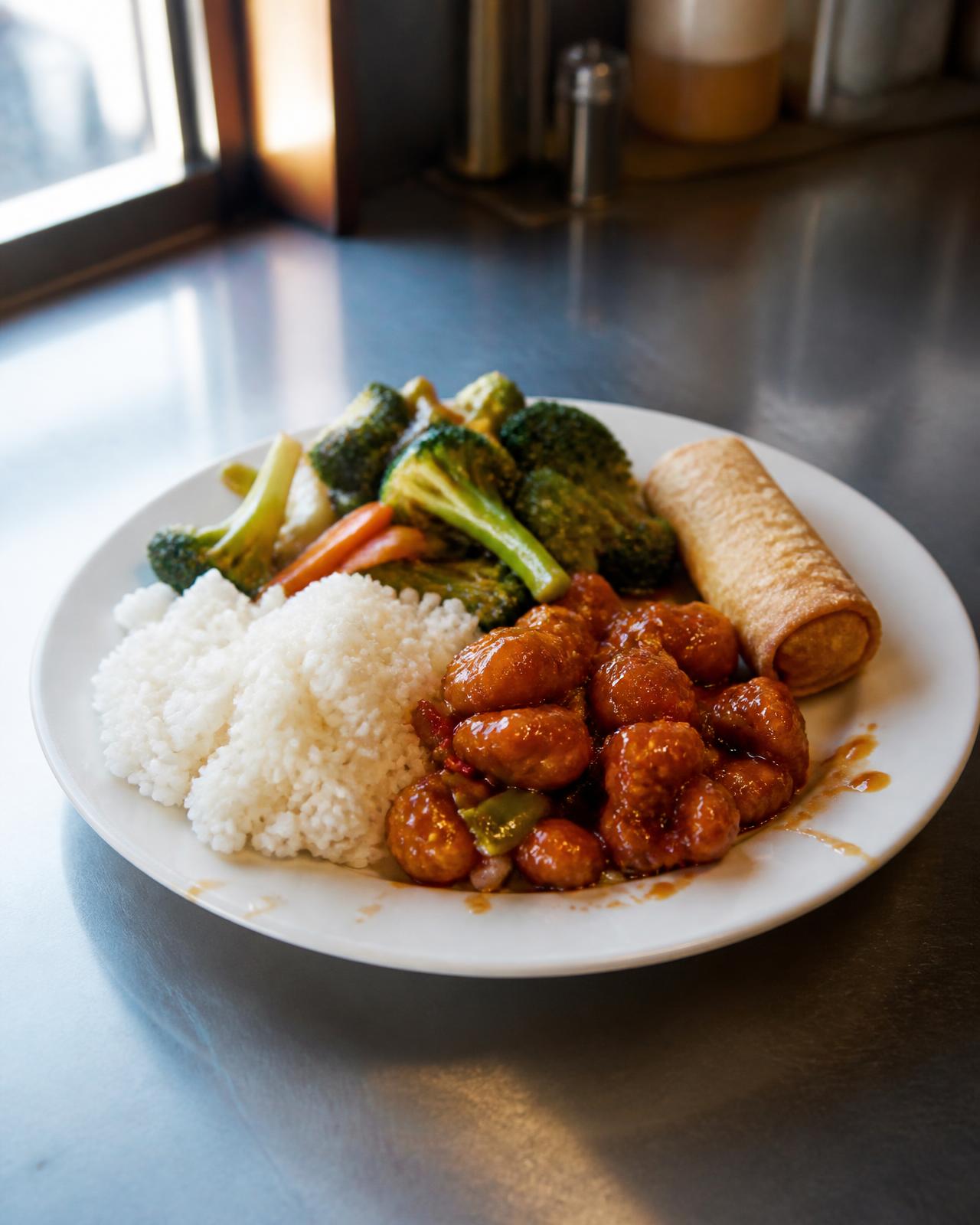 Chinese combination plate with fried rice, saucy chicken, broccoli and an egg roll, viewed from above
