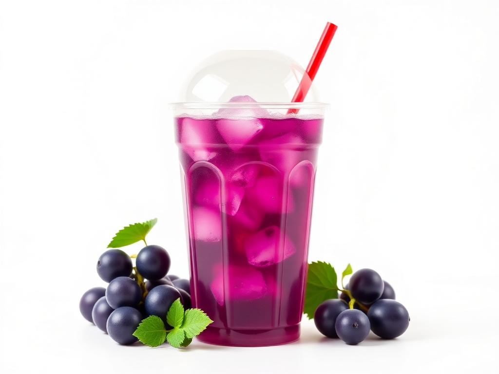Grape Lemonade in a clear cup with a red straw